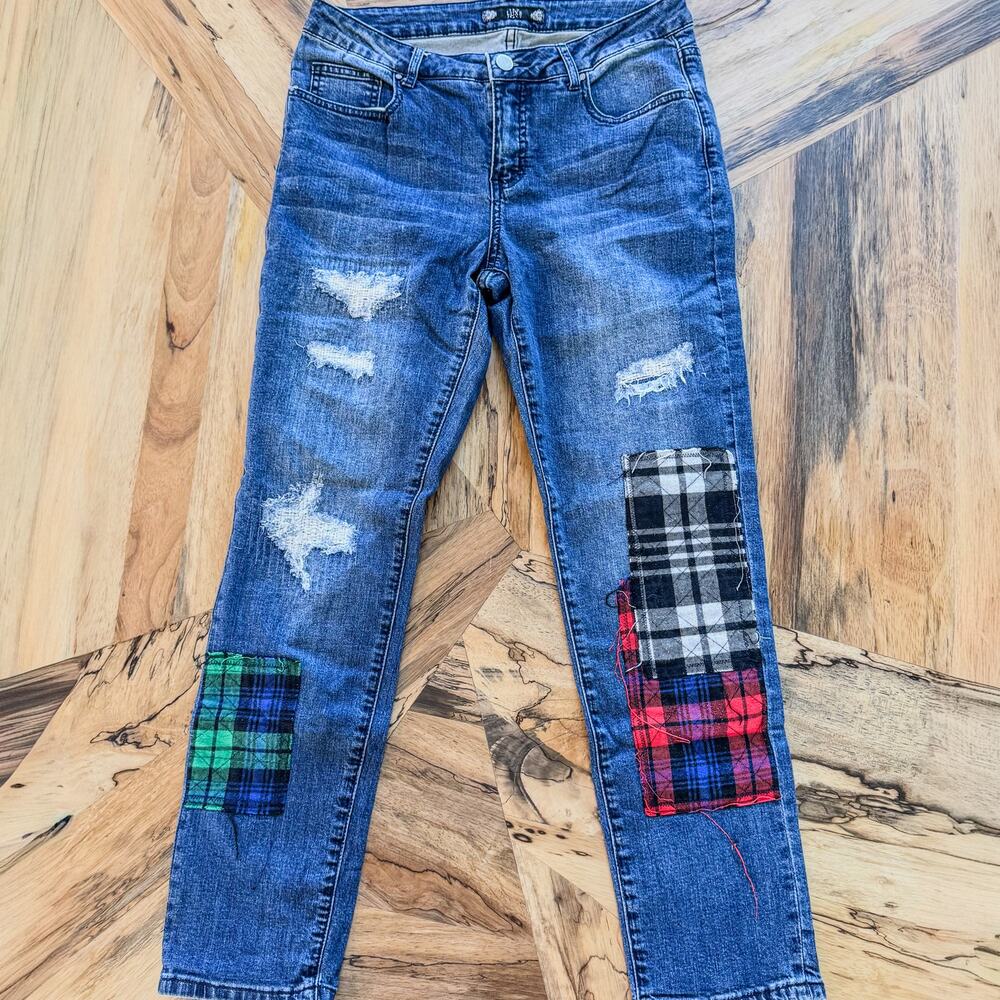 Tru Luxe Jeans, Plaid Patchwork Distressed Straight Leg Jeans, Women's 4/27